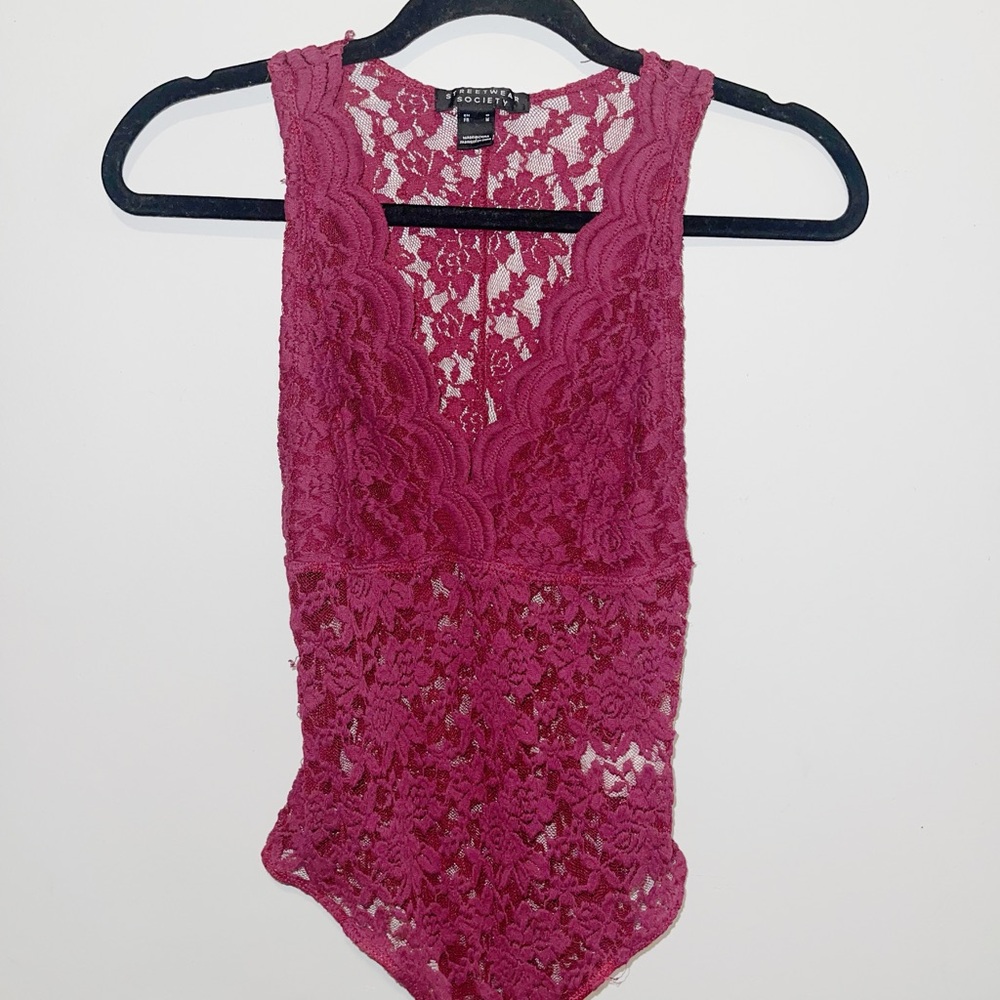 Streetwear Society Burgundy Lace Bodysuit with Deep V-Neck